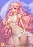 1girl adapted_costume alluring armlet bikini bracelet braid cleavage female_focus fire_emblem fire_emblem_awakening fire_emblem_warriors intelligent_systems jewelry long_hair looking_at_viewer nintendo olivia_(fire_emblem) pink_hair smile songjikyo swimsuit twin_braids very_long_hair