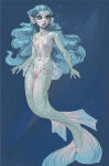 1girl 2021 animal_humanoid blue_hair breasts female fish fish_humanoid front_view full-length_portrait genitals grey_body grey_scales hair humanoid long_hair marine marine_humanoid merfolk nipples nude nude_female original portrait pussy scales solo split_form tealtentacles_(artist) underwater water