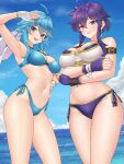 2_girls absurd_res ahoge alluring arm_up armlet armor beach bikini bikini_armor blue_bikini blue_hair cleavage commission commissioner_upload crossed_arms day earrings fingerless_gloves fire_emblem fire_emblem:_genealogy_of_the_holy_war flower flower_on_head gloves headband high_res highleg highleg_bikini if_they_mated intelligent_systems jewelry larcei_(fire_emblem) looking_at_viewer mother_&_daughter multiple_girls navel nintendo ocean original purple_eyes purple_hair redkite333 selia_(mrtalkingdino) short_hair side-tie_bikini_bottom sidelocks smile stomach swimsuit thighs tomboy white_headband