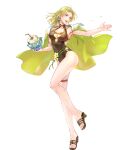 1girl 1girl alluring bare_arms blonde_hair blue_eyes cape cleavage coconut collarbone drinking_straw earrings feet female_focus fire_emblem fire_emblem:_the_sacred_stones fire_emblem_heroes flower fruit_cup full_body green_cape high_heel_sandals high_res highleg highleg_one-piece_bikini holding intelligent_systems jewelry long_hair looking_at_viewer medium_breasts nintendo official_art one-piece_bikini open_mouth parted_bangs parted_lips sandals selena_(fire_emblem:_the_sacred_stones) selena_(summer)_(fire_emblem:_the_sacred_stones) shiny_skin smile swimsuit thigh_strap thighs toes transparent_background wada_sachiko water_drop