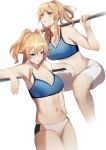 1girl 1girl 1girl alluring bare_shoulders big_breasts blonde_female blonde_hair blush cleavage eyelashes female_only fit genshin_impact heavy_breathing high_res jean_gunnhildr krirk legs light-skinned_female light_skin long_hair midriff multiple_views navel open_mouth ponytail purple_eyes resting shorts simple_background sports_bra sportswear squatting standing steaming_body stomach sweat sweating thick_thighs thighs tired white_background