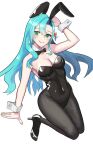 1girl 1girl alluring alternate_costume animal_ears aqua_hair big_breasts black_bow black_bowtie black_leotard black_pantyhose bow bowtie bunny_day chloe_(fire_emblem) crystal_earrings detached_collar earrings fake_animal_ears fire_emblem fire_emblem_engage green_eyes high_res intelligent_systems jewelry leotard nintendo pantyhose playboy_bunny rabbit_ears strapless strapless_leotard tarutaru193 white_background white_wrist_cuffs wrist_cuffs