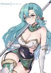 1girl 1girl absurd_res alluring angry aqua_hair armor bare_shoulders big_breasts boots braid broken_armor chascoby chloe_(fire_emblem) cleavage covered_navel earrings fire_emblem fire_emblem_engage gloves green_eyes high_res intelligent_systems nintendo side_braid stockings teardrop_earrings thigh_high_boots torn_clothes under_boob white_gloves