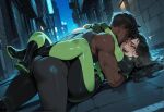 1boy1girl 1girl ai_generated alley bodysuit curvy curvy_female curvy_figure dark-skinned_male kim_possible long_hair missionary_position night night_sky sex shego