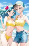 2girls adult_swim alluring alternate_costume aqua_eyes baseball_cap bikini bishoujo_senshi_sailor_moon bishoujo_senshi_sailor_moon_s bishoujo_senshi_sailor_moon_s_the_movie bishoujo_senshi_sailor_moon_supers bishoujo_senshi_sailor_moon_supers_the_movie blonde_hair blue_eyes blue_shorts breasts couple crop_top denim denim_shorts flower hair_flower hair_ornament haruka_ten'ou hat hibiscus high_res jewelry koharumichi long_hair medium_breasts michiru_kaiou midriff multiple_girls navel neck necklace short_hair shorts smile swimsuit teal_hair thighs toei_animation toonami very_short_hair viz_media yellow_bikini yuri