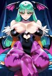 1girl ai_generated curvy curvy_female curvy_figure darkstalkers green_hair long_hair morrigan_aensland night succubus succubus_costume