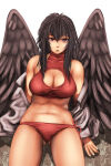 1girl 1girl bikini black_hair black_wings cleavage cleavage_cutout clothing_cutout female_focus fire_emblem fire_emblem:_radiant_dawn harihisa intelligent_systems long_hair nintendo open_clothes open_shirt purple_eyes red_bikini shirt side-tie_bikini_bottom simple_background swimsuit vika_(fire_emblem) white_background wings
