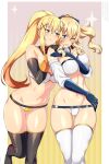 1girl 2_girls alluring armwear ass_visible_through_thighs bare_shoulders big_breasts black_thighhighs blonde_hair crossover curvaceous curvy curvy_figure darkness_(konosuba) embarrassed female_only genshin_impact half_naked hourglass_figure jean_gunnhildr kono_subarashii_sekai_ni_shukufuku_wo! lindaroze long_hair lowleg_panties medium_breasts midriff navel partially_clothed ponytail shy simple_background stockings thigh_gap thighs white_thighhighs wide_hips