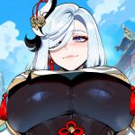 1girl ai_generated bodysuit curvy curvy_female curvy_figure genshin_impact long_hair shenhe_(genshin_impact) silver_hair