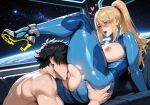 1boy1girl 1girl ai_generated blonde_hair bodysuit curvy curvy_female curvy_figure long_hair metroid nude ponytail pussylicking samus_aran sex space space_station zero_suit