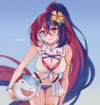 1girl 1girl alear_(female)_(fire_emblem) alear_(female)_(seaside_dragon)_(fire_emblem) alear_(fire_emblem) alluring armlet artist_name ball bare_shoulders beachball big_breasts bikini blue_background blue_eyes blue_hair character_ball cleavage closed_mouth crossed_bangs eyelashes fire_emblem fire_emblem_engage fire_emblem_heroes flower hair_between_eyes hair_flower hair_ornament heterochromia high_ponytail holding holding_ball holding_beachball intelligent_systems jewelry long_hair looking_at_viewer multicolored_hair navel nintendo official_alternate_costume ponytail red_eyes red_hair smile swimsuit symoca two-tone_hair very_long_hair