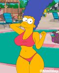 1girl 20th_century_fox almilday bikini black_hair blue_hair breasts cameltoe female_focus fox_corporation jewelry long_hair looking_at_viewer marge_simpson milf pearl_necklace pool the_simpsons yellow_skin