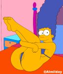 1girl 20th_century_fox almilday ass_visible_through_thighs black_hair blue_hair breasts cameltoe female_focus fox_corporation legs_together legs_up long_hair looking_at_viewer lying marge_simpson micro_bikini milf on_bed room the_simpsons underwear yellow_skin