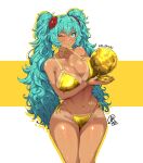 1girl big_breasts bikini blue_eyes blue_hair brazilian_miku bubble_butt cleavage dark-skinned_female hatsune_miku horny inviting_to_sex jk_arts07 looking_at_viewer miku_hatsune pose standing swimsuit teasing thick_thighs vocaloid