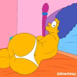 1girl 20th_century_fox almilday ass black_hair blue_hair breasts female_focus fox_corporation long_hair looking_back lying marge_simpson milf on_bed panties room side_view the_simpsons underwear yellow_skin