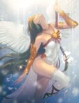 1girl 1girl alluring angel_wings artist_name blackapinaa breasts_covered closed_eyes covering_breasts dress goddess green_hair kid_icarus long_hair looking_up nintendo palutena pinalaflame pole pole_dancing single_stocking single_thighhigh staff vambraces white_dress white_legwear