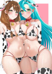 2_girls alluring animal_print aqua_hair big_breasts bow braid breast_press brown_hair chloe_(fire_emblem) cow_print fire_emblem fire_emblem_engage goldmary_(fire_emblem) green_eyes high_res intelligent_systems multiple_girls nintendo orange_bow red_bow side_braid tara_(szzj7733) yellow_eyes