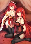 2_girls arm_strap artist_name bed black_gloves black_legwear black_panties bow caeldori_(fire_emblem) cleavage collarbone cordelia_(fire_emblem) curtains earrings fire_emblem fire_emblem_awakening fire_emblem_fates fire_emblem_warriors full_body garter_straps gloves hair_between_eyes hairband heart heart-shaped_pillow high_res intelligent_systems japanese_clothes jewelry kimono kneel legs_together lingerie lips look-alike looking_at_viewer medium_breasts multiple_girls nintendo obi off_shoulder panties petals pillow red_eyes red_hair sash short_kimono sitting smile stockings straight_hair streya streyah thighs underwear wariza wide_sleeves winged_hair_ornament zettai_ryouiki