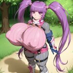 ai_generated big_breasts bimbo breasts clothed enormous_breasts gigantic_breasts huge_breasts huge_thighs hyper_breasts impossible_clothes impossible_clothing impossible_shirt looking_at_viewer massive_breasts nipple_bulge outside pixai purple_hair short_stack shortstack sophie_(tales) standing stockings tales_of_(series) tales_of_graces thighs tight_clothes tight_clothing tight_shirt twin_tails