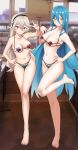 2_girls absurd_res alluring alternate_costume azura_(fire_emblem) bare_legs barefoot bikini blue_hair cafe commentary corrin_(fire_emblem) corrin_(fire_emblem)_(female) english_commentary fire_emblem fire_emblem_fates fire_emblem_warriors grey_hair hairband high_res intelligent_systems long_hair looking_at_viewer medium_breasts multiple_girls navel nintendo pointy_ears red_eyes redkite333 swimsuit very_long_hair yellow_eyes