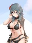 1girl alluring alternate_costume bikini black_bikini black_swimsuit blue_eyes byleth_(fire_emblem) byleth_(fire_emblem)_(female) cape female_only fire_emblem fire_emblem:_three_houses fire_emblem_heroes flower flower_in_hair hair_flower hair_flowers intelligent_systems knife light-skinned_female light_skin looking_at_viewer medium_hair nintendo ocean outside red_flower sakura_no_yoru soaked solo_female swimsuit teal_hair water wet