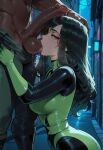 1boy1girl 1girl ai_generated alley bodysuit curvy curvy_female curvy_figure dark-skinned_male fellatio kim_possible licking_penis long_hair night night_sky sex shego