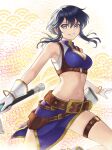 1girl 1girl absurd_res alluring belt black_hair cleavage commission crop_top fire_emblem fire_emblem:_genealogy_of_the_holy_war grin high_res holding holding_sword holding_weapon intellegent_systems larcei_(fire_emblem) looking_at_viewer medium_breasts midriff navel nintendo pixiv_commission pouch purple_eyes purple_skirt sidelocks skirt smile stomach sword thigh_belt thigh_strap tororo_kafka weapon