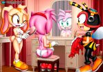 1boy 2girls amy_rose bbmbbf breasts charmy_bee cream_the_rabbit dresser female furry male mirror mobius_unleashed palcomix panties sega shoes smile sonic_(series) sonic_the_hedgehog_(series) topless_female