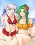 2_girls :d absurd_res alluringbrown_eyes bare_shoulders beach big_breasts bikini bikini_skirt blue_sky blush cleavage collarbone elincia_ridell_crimea elincia_ridell_crimea_(summer) fingerless_gloves fire_emblem fire_emblem:_radiant_dawn fire_emblem_heroes flower gloves green_hair grey_hair hair_flower hair_ornament hair_ribbon hibiscus high_res intelligent_systems long_hair looking_at_viewer medium_breasts micaiah_(fire_emblem) micaiah_(wavecrest_maiden)_(fire_emblem) miniskirt multiple_girls navel nintendo ocean off-shoulder_bikini off_shoulder official_alternate_costume open_mouth orange_bikini red_bikini red_gloves ribbon sand side-tie_bikini_bottom sitting skirt sky smile swimsuit tridisart wristband yellow_eyes