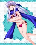 1girl alluring bikini blue_background blue_scarf blush bo_(774berry) cleavage covering_privates embarrassed female_focus fire_emblem fire_emblem:_radiant_dawn hair_ribbon half_updo intelligent_systems long_hair micaiah_(fire_emblem) nintendo polka_dot polka_dot_background purple_bikini ribbon scarf side-tie_bikini_bottom silver_hair sweat swimsuit yellow_eyes