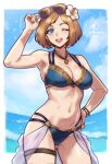1girl ;d adjusting_eyewear alluring alternate_costume bikini blue_bikini blue_sky borrowed_character brown_hair cleavage cloud commentary commission day english_commentary eyewear_on_head female_kiran_(fire_emblem) fire_emblem fire_emblem_heroes flower gluteal_fold hair_flower hair_ornament hand_on_own_hip high_res intelligent_systems kiran_(fire_emblem) kiran_(fire_emblem)_(female) ko-fi_commission medium_breasts navel nintendo ocean one_eye_closed open_mouth rotomdocs sky smile stomach sunglasses swimsuit thigh_strap thighs tongue