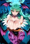 1girl ai_generated curvy curvy_female curvy_figure darkstalkers green_hair long_hair morrigan_aensland night succubus succubus_costume