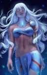 1girl arm_at_side arm_behind_back armlet atlantis:_the_lost_empire bangs black_background blue_background blue_eyes blue_skirt blue_tubetop blunt_bangs breasts collarbone dark-skinned_female dark_skin disney earrings expressionless facial_mark female_only female_solo floating_hair glowing glowing_eyes gradient gradient_background hair_between_eyes hair_tubes head_tilt jewelry kida kidagakash_'kida'_nedakh legs light_particles lips long_hair looking_up medium_breasts midriff multicolored_background navel neck necklace parted_lips princess_kidagakash revealing_clothes single_earring skirt straight_hair strapless tubetop two-tone_background very_long_hair white_hair zarory