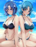 1girl 2_girls alluring bare_shoulders beach big_breasts bikini black_bikini blue_bikini blue_eyes blue_hair blush catria_(fire_emblem) cleavage collarbone female_focus fire_emblem fire_emblem:_mystery_of_the_emblem fire_emblem:_the_binding_blade fire_emblem_heroes frilled_bikini frills groin hairband high_res intelligent_systems looking_at_viewer matching_hair/eyes multiple_girls navel nintendo ocean polka_dot polka_dot_bikini polka_dot_swimsuit short_hair side-tie_bikini_bottom smile stomach swimsuit thea_(fire_emblem) toshima19699496 toshimasa trait_connection