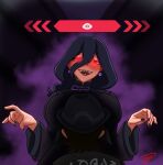 1boy 1girl alpha_pokemon alternate_breast_size_(larger) aura big_breasts black_nails breasts dress earrings gameplay_mechanics glowing glowing_eyes hair_between_eyes hex_maniac hex_maniac_(pokemon) hex_maniac_(z-a) high_res jewelry long_hair long_sleeves looking_at_another looking_at_viewer male nail_polish naughty_face nintendo occult_maniac_(pokemon) open_mouth parody paxton_(pokemon) pokemon pokemon_legends:_z-a puffy_long_sleeves puffy_sleeves pun purple_dress purple_eyes purple_hair red_eyes romulproduce sexually_suggestive shaded_face sharp_teeth signature size_difference smile standing straight tall_female teeth you_gonna_get_raped