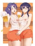 2_girls :o ;) absurd_res alcohol alluring ass beer beer_mug black_hair blush breast_press commission commissioner_upload covered_erect_nipples cup deliciousbrain fir_(fire_emblem) fire_emblem fire_emblem:_genealogy_of_the_holy_war fire_emblem:_the_binding_blade fire_emblem_heroes grabbing_another's_ass high_res hooters intelligent_systems larcei_(fire_emblem) long_hair mug multiple_girls nintendo nipples one_eye_closed open_mouth orange_shorts ponytail purple_eyes shirt short_hair short_shorts shorts simple_background smile wet wet_clothes wet_shirt white_shirt yuri