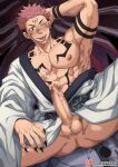 abs anus balls big_penis blush cum erect_nipples erect_penis erection happy jujutsu_kaisen male muscle muscular muscular_male nipples open_mouth pecs pectorals penis pink_hair pink_nipples red_eyes renayumearts ryoumen_sukuna_(jujutsu_kaisen) tattoos testicle yaoi
