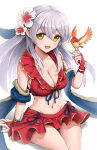 1girl 1girl :d alluring bare_shoulders big_breasts bikini bikini_skirt bird bird_on_hand blue_scarf cleavage collarbone fire_emblem fire_emblem:_radiant_dawn fire_emblem_heroes flower gloves gonzarez grey_hair groin hair_flower hair_ornament hair_ribbon high_res intelligent_systems long_hair looking_at_viewer micaiah_(fire_emblem) micaiah_(wavecrest_maiden)_(fire_emblem) miniskirt nintendo official_alternate_costume open_mouth red_bikini red_gloves ribbon scarf simple_background skirt smile swimsuit white_background yellow_eyes yune_(fire_emblem)
