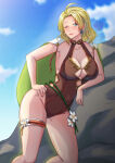 1girl ;) alluring alternate_costume blonde_hair blue_eyes brown_bikini brown_one-piece_bikini cape cleavage closed_mouth collarbone commission earrings female female_only fire_emblem fire_emblem:_the_sacred_stones fire_emblem_heroes hand_on_own_hip highres intelligent_systems jewelry large_breasts nintendo official_alternate_costume one-piece_bikini one_eye_closed rinku_bny selena_(fire_emblem:_the_sacred_stones) short_hair smile solo swimsuit