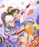 1girl 1girl alluring arm_up bare_legs bare_shoulders big_breasts bikini blue_bikini bubble cleavage commission earrings fire_emblem fire_emblem:_the_blazing_blade fire_emblem_heroes fish floating_hair flower green_eyes green_hair hair_flower hair_ornament happy high_ponytail high_res intelligent_systems jewelry long_hair lyn lyn_(fire_emblem) lyn_(lady_of_the_beach)_(fire_emblem) lyndis lyndis_(fire_emblem) midriff navel neck necklace nintendo official_alternate_costume open_mouth outstretched_arms ponytail school_of_fish smile spread_arms strapless strapless_bikini submerged sumustard swimming swimsuit thick_thighs thighs underwater very_long_hair wide_hips