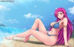 1girl alluring barefoot beach bikini bracelet brunnya_(fire_emblem) cleavage feet fire_emblem fire_emblem:_the_binding_blade high_res intelligent_systems jewelry lipstick long_hair makeup navel nintendo ocean patdarux pin_up pink_eyes pink_hair swimsuit tagme thick_thighs thighs