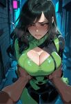 1boy1girl 1girl ai_generated alley bodysuit breast_grab curvy curvy_female curvy_figure dark-skinned_male hands_on_breasts kim_possible long_hair night night_sky shego