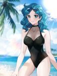 1girl adult_swim alluring aqua_eyes beach bishoujo_senshi_sailor_moon bishoujo_senshi_sailor_moon_s bishoujo_senshi_sailor_moon_s_the_movie bishoujo_senshi_sailor_moon_supers bishoujo_senshi_sailor_moon_supers_the_movie black_one-piece_bikini cleavage collarbone day high_res koharumichi long_hair medium_breasts michiru_kaiou one-piece_bikini outside palm_leaf palm_tree parted_bangs smile swimsuit teal_hair thighs toei_animation toonami tree viz_media wavy_hair