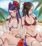 2_girls alluring alternate_costume beach_umbrella bead_bracelet beads big_breasts bikini blue_sky bracelet brown_hair closed_mouth cloud couch crossed_legs day earrings fire_emblem fire_emblem_fates flower hair_flower hair_ornament hair_over_one_eye hand_up haru_(nakajou-28) hibiscus high_res hoop_earrings intelligent_systems jewelry kagero_(fire_emblem) long_hair looking_at_viewer multi-strapped_bikini multiple_girls navel nintendo ocean orochi_(fire_emblem) outside palm_tree ponytail purple_eyes purple_hair red_bikini red_eyes red_flower side-tie_bikini_bottom sitting sky smile stomach swimsuit thigh_strap thighs tree umbrella white_bikini