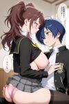 1boy 1girl ai_generated ass blue_hair breasts couple cowgirl_position crossover minato_arisato nipples persona persona_3 persona_4 pink_panties rise_kujikawa yuuki_makoto