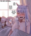 1boy 2_girls ;d after_sex animal_ears big_breasts bisexual_female bottle breasts brown_hair collarbone english_text gold_ship_(umamusume) grey_hair high_res holding holding_bottle horse_ears horse_tail indoors johnholl0w long_hair multiple_girls nude one_eye_closed open_mouth smile tail teeth trainer_(umamusume) umamusume window