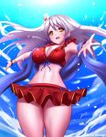 1girl 1girl alluring bare_shoulders big_breasts bikini bikini_skirt blue_scarf blue_sky cleavage cowboy_shot fingerless_gloves fire_emblem fire_emblem:_radiant_dawn fire_emblem_heroes flower foreshortening from_below gloves grey_hair hair_flower hair_ornament half_updo high_res intelligent_systems jaxdrawz long_hair looking_at_viewer looking_down micaiah_(fire_emblem) navel nintendo official_alternate_costume outstretched_arms red_bikini red_gloves ribbon scarf sky spread_arms sunlight swimsuit towel twitter_username water yellow_eyes