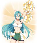1girl absurd_res alluring arms_up big_breasts bike_shorts blue_hair braid cheerleader chloe_(fire_emblem) choker cleavage collarbone fire_emblem fire_emblem_engage green_eyes hair_ribbon high_res intelligent_systems long_hair midriff nintendo pom_pom_(cheerleading) ribbon seityr sidelocks skirt sleeveless smile