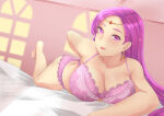 1girl 1girl absurd_res alluring artist_name bare_legs barefoot big_breasts bra brunnya_(fire_emblem) circlet cleavage dedenee earrings female_focus fire_emblem fire_emblem:_the_binding_blade high_res intelligent_systems jewelry lingerie lipstick long_hair looking_at_viewer lying makeup matching_hair/eyes nintendo panties purple_bra purple_eyes purple_hair purple_panties smile underwear underwear_only watermark