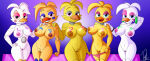 1girl 2d 5girls beak belly big_breasts big_thighs blue_eyes blue_eyeshadow breasts chica_(fnaf) chicken female_only five_nights_at_freddy's five_nights_at_freddy's:_security_breach five_nights_at_freddy's_2 fnaf freddy_fazbear's_pizzeria_simulator funtime_chica_(fnaf) glamrock_chica_(fnaf) grey_eyeshadow lechugansfw multiple_females multiple_girls pink_eyes pink_eyeshadow pink_nipples pink_panties pussy rockstar_chica scottgames smug thick_thighs toy_chica_(fnaf) undressing white_body yellow_body